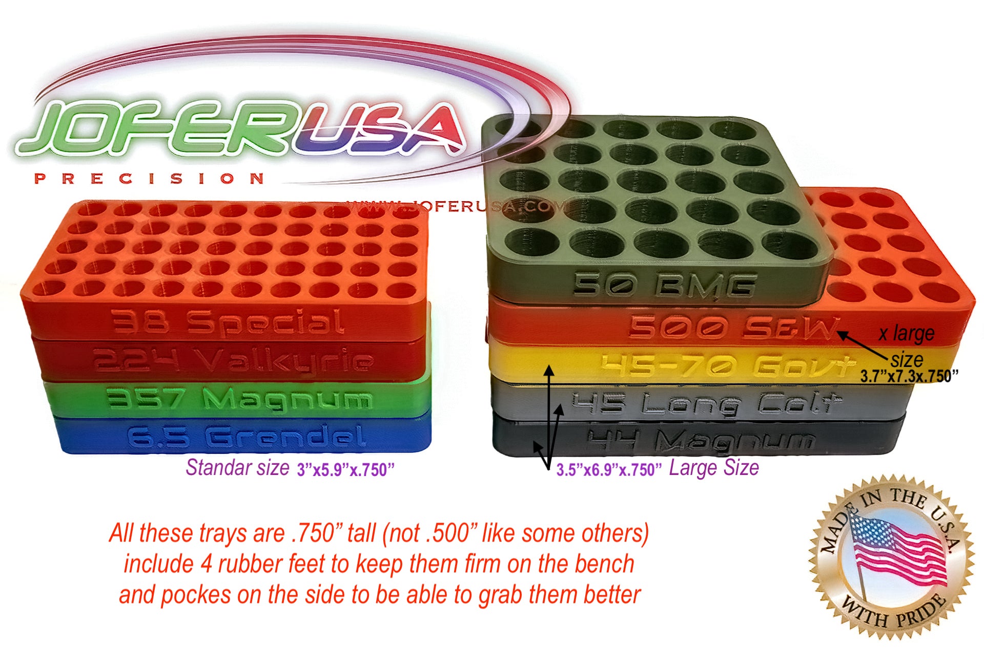 Reloading Block Tray, Multiple Calibers with engraving MAde in USA JOFER USA